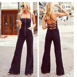 The Jetset Diaries Mayfair Studded Corduroy Flared Jumpsuit Zipper Front‎ Size S